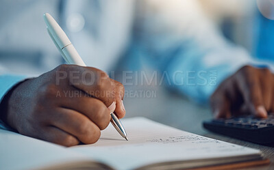 Buy stock photo Hand, writing and calculator with notebook, planning and budget for tax, compliance or finance for investing. Man, book and pen for financial decision, plan or goals with vision, accounting or saving