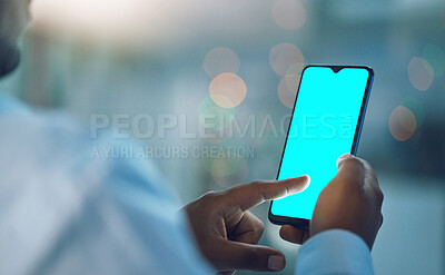 Buy stock photo Back, black man and smartphone with mockup screen, space and typing for social media app, search and internet blog. Hand, phone and mock up for branding, promo or logo with blank ux, chat and night