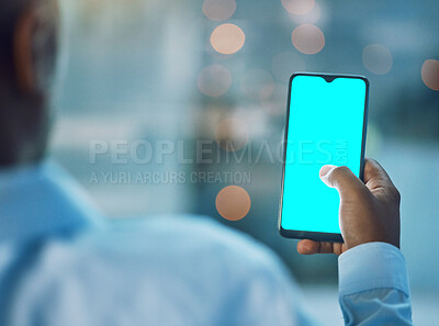 Buy stock photo Back, black man and phone with mockup screen, space and typing for social media app, search and internet blog. Hand, smartphone and mock up for branding, promo or logo with blank ux, chat and night