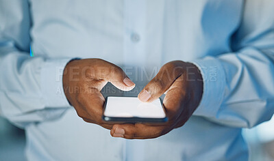 Buy stock photo Black man, hands and typing with phone for social media, online browsing or news at office. Closeup of African, male person or employee on mobile smartphone for chatting, texting or scrolling on app