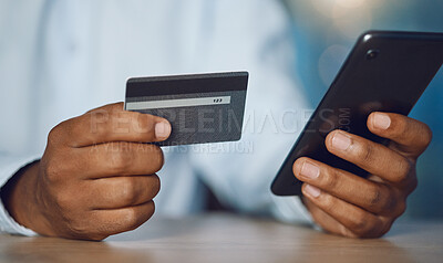 Buy stock photo Closeup, smartphone and hands with a credit card, black man and ecommerce with banking, online shopping and finance. Male person, customer and shopper with a cellphone, purchase and app with payment
