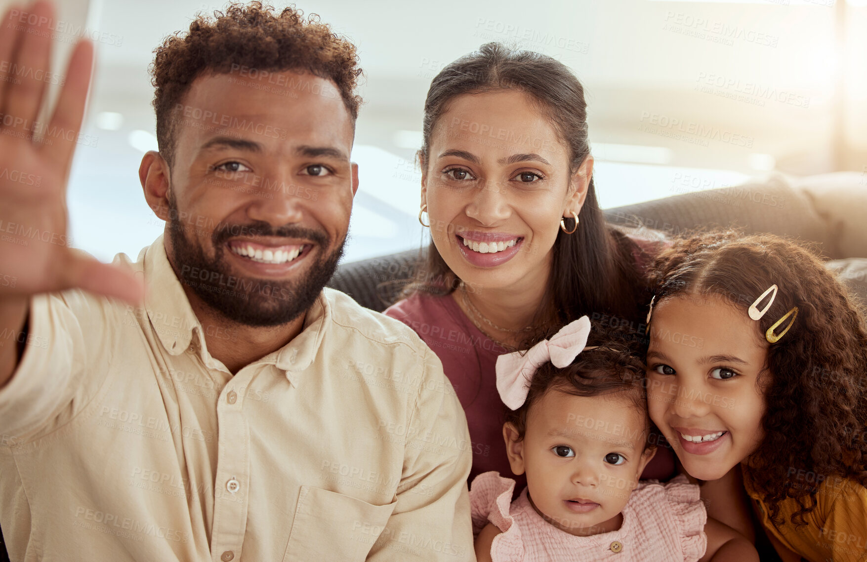 Buy stock photo Parents, girl children and selfie on sofa with happiness, hand and photography for blog, post or portrait in family home. Father, mother and daughters with smile, social media app and profile picture