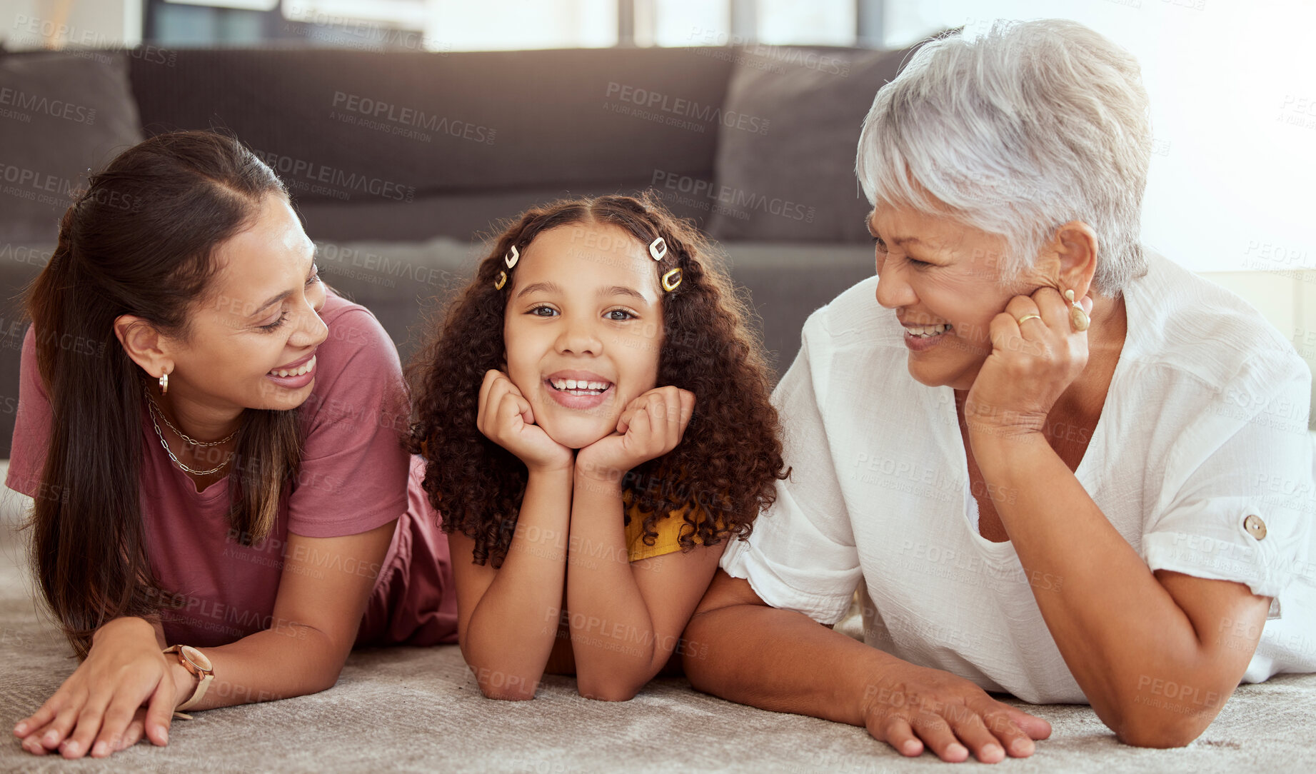 Buy stock photo Happy, generations and smile with family on floor of living room for bonding, relax and love in house. Happiness, portrait and grandmother with young child, mom and home for fun, support and together