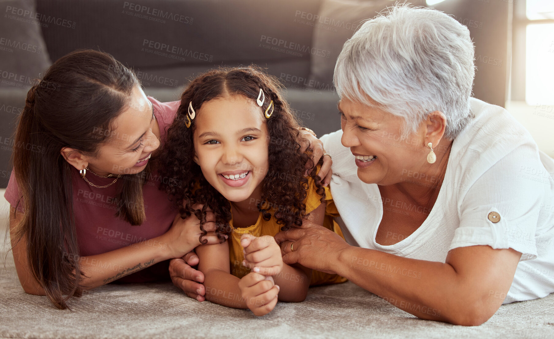 Buy stock photo Happy, generations and relax with family on floor of living room for bonding, smile and love. Happiness, trust and grandmother with young child and mom at home for solidarity, support and weekend