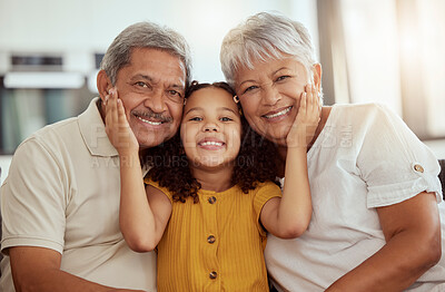Buy stock photo Girl child, grandparents and portrait on sofa with smile, happiness or bond with love in family home. Elderly man, senior woman and young female kid with hand, face or care on lounge couch on holiday