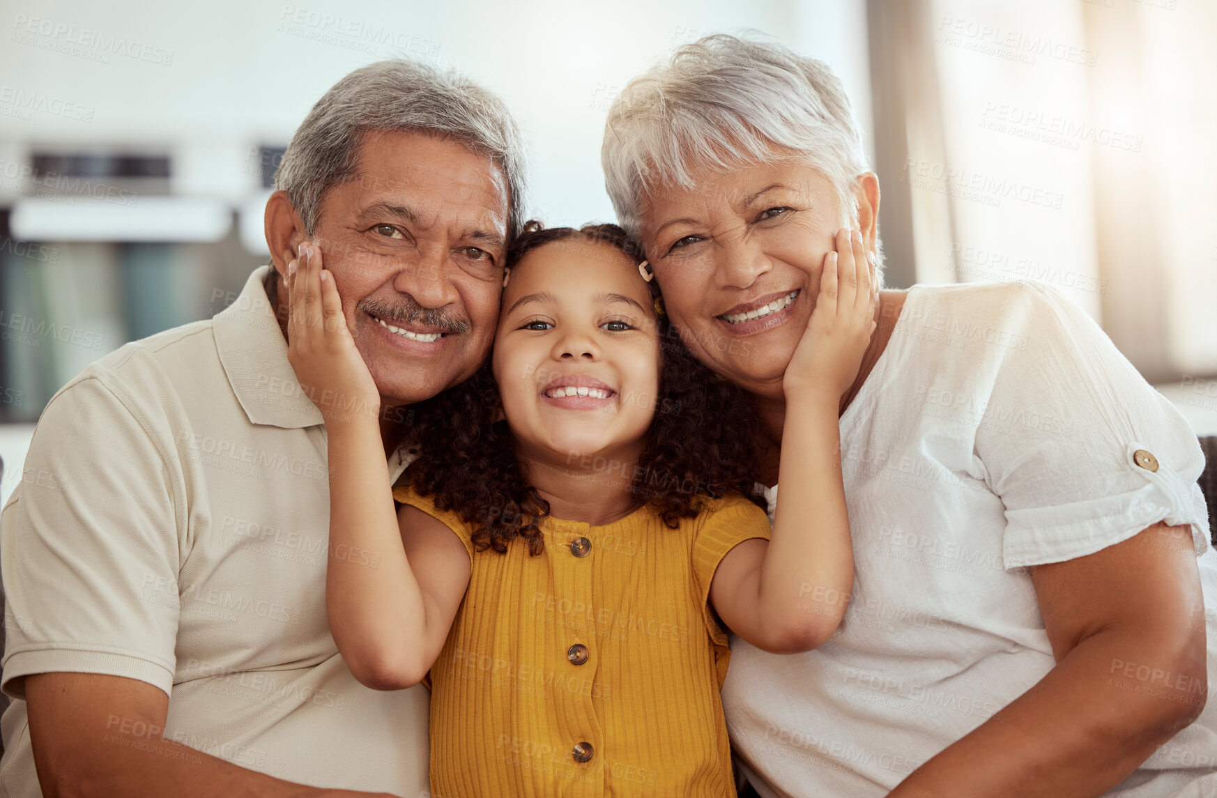 Buy stock photo Girl child, grandparents and portrait on sofa with smile, happiness or bond with love in family home. Elderly man, senior woman and young female kid with hand, face or care on lounge couch on holiday