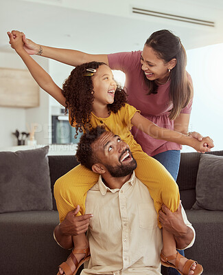 Buy stock photo Family home, pretend airplane and kid with mom, dad and young girl together with fun. Living room, mother and father with a child by sofa with love, bonding and parent support with a smile in lounge