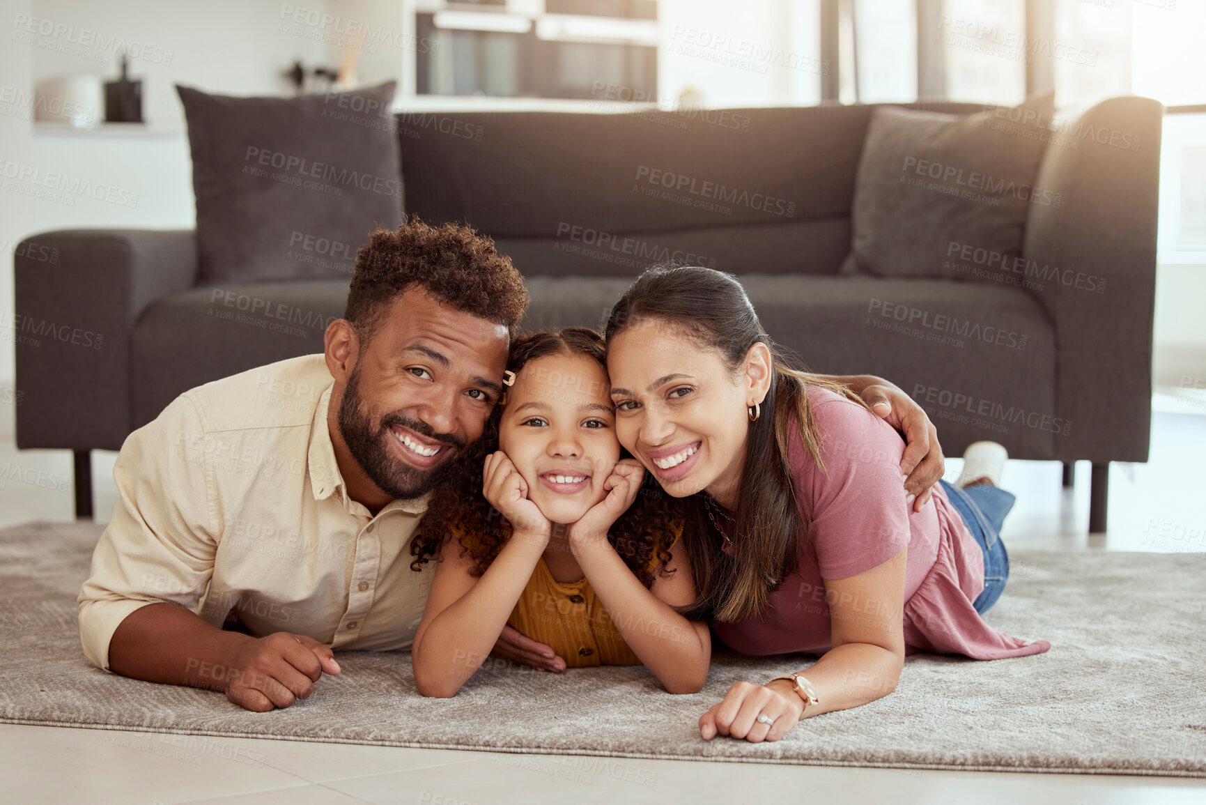 Buy stock photo Family home, happy portrait and kid with mom, dad and young girl together with fun. Living room, mother and father with a child by sofa with love, bonding and parent support with a smile in lounge