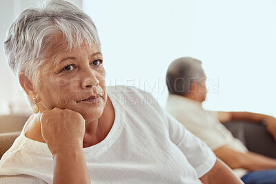 Buy stock photo Sad senior woman, fight and home sofa with retirement, marriage problem and frustrated person. Angry, fighting and argument of elderly people on lounge couch with divorce and thinking with stress
