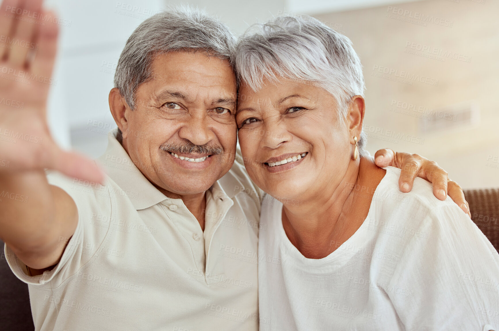 Buy stock photo Senior couple, smile and sofa for selfie with happiness, hand and photography for blog, post or portrait in home. Elderly man, old woman and happy with smile, social media app and profile picture