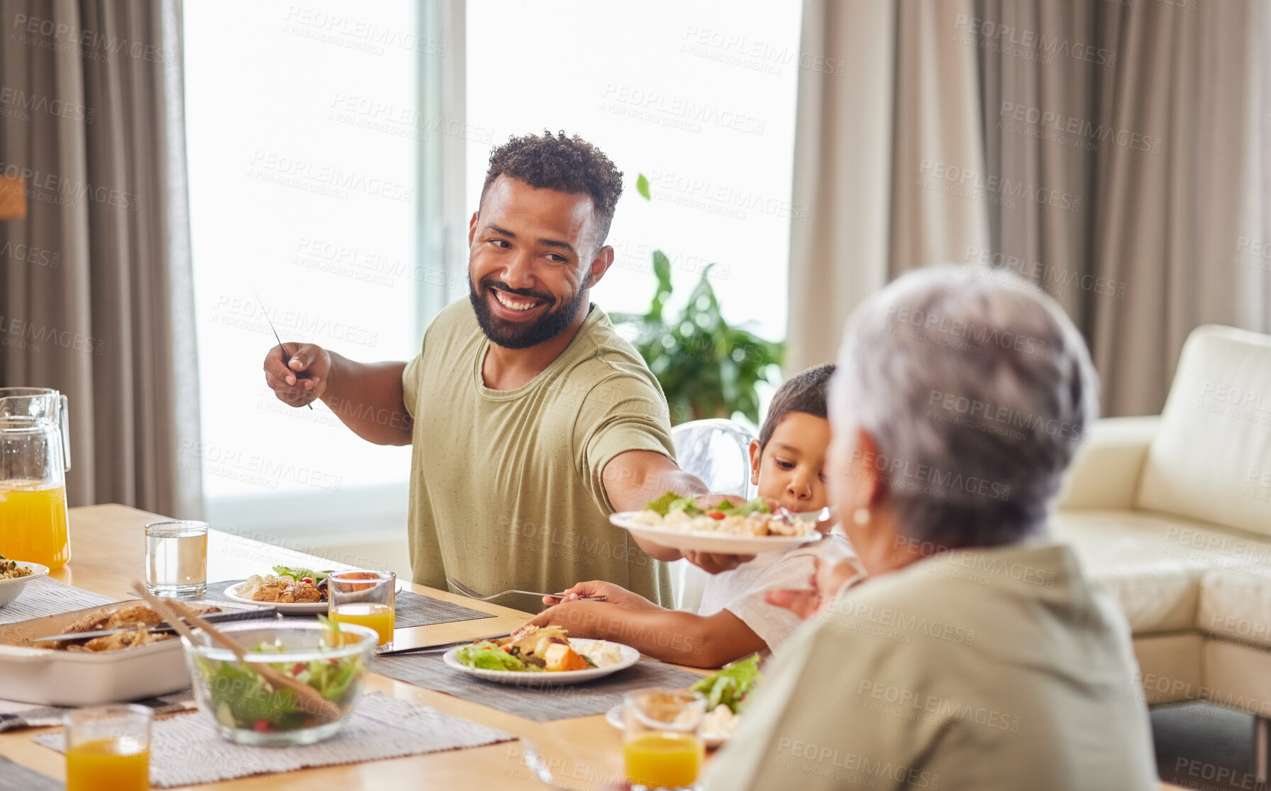 Buy stock photo Happy family, lunch and eating food in home together for holiday celebration, bonding and sharing a meal. People, parents or grandparents with kid in dining room for dinner, social gathering and love