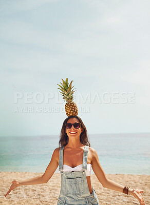 Buy stock photo Exotic Pineapple fruit balancing on head of beautiful girl symbol of summer beach vacation healthy organic diet food