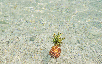 Buy stock photo Pineapple, sea and water in summer, outdoor and float in sunshine for food, health or nutrition on waves. Tropical fruit, ocean and nature with leaves, vegan meal and benefits for wellness in Hawaii