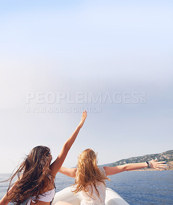Buy stock photo Beautiful girl friends arms raised travel on speed boat to paradise island for relaxing nature tourist destination vacation discover explore