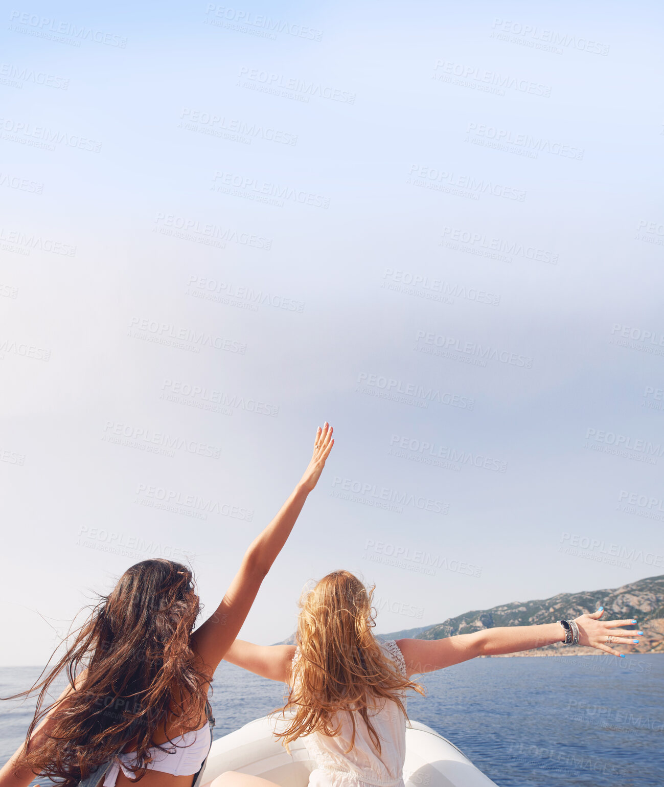 Buy stock photo Women, friends and boat with back by blue sky background, mockup space and outdoor with cheers. Girl, hands up and holiday for celebration, adventure and freedom by ocean, water or nature in Spain