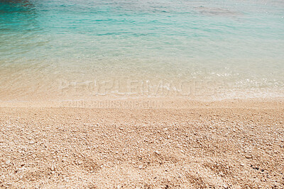 Buy stock photo Beach water, tropical sand and summer on Island in the Maldives, texture of nature and ocean sea in summer. Landscape of calm wave, freedom of travel and mockup of holiday adventure in sunshine
