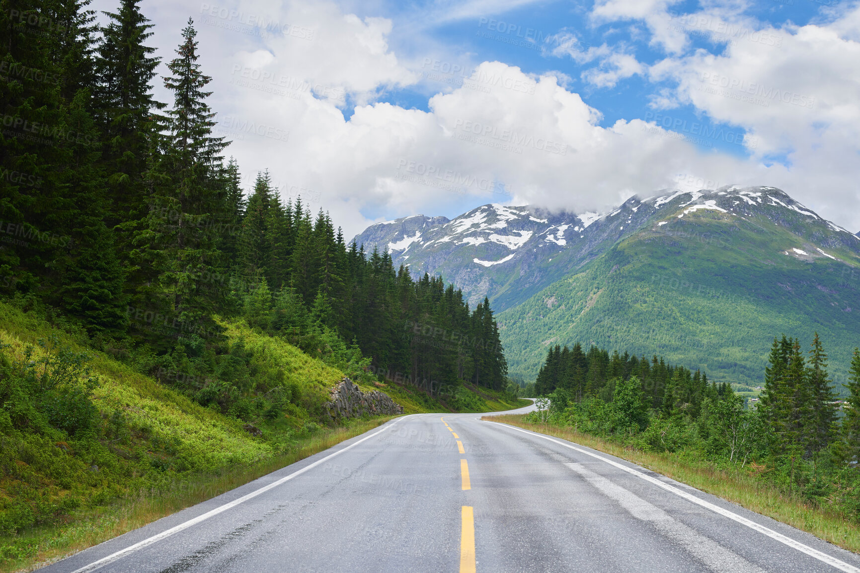 Buy stock photo Road mountain, highway and countryside environment with freedom for travel, summer snow in Alaska and street or adventure. Landscape of calm driveway path in nature for transportation on holiday