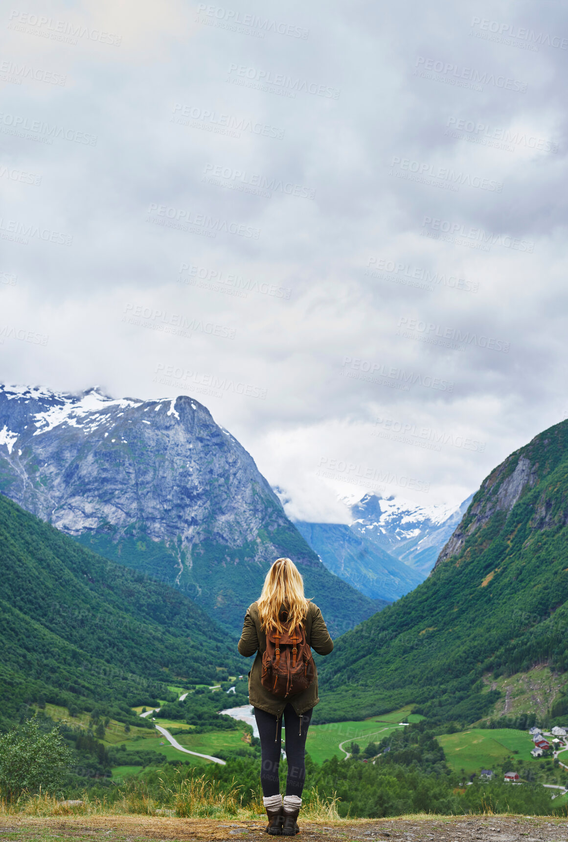 Buy stock photo Travel adventure woman enjoying view of majestic glacial valley on exploration discover beautiful earth
