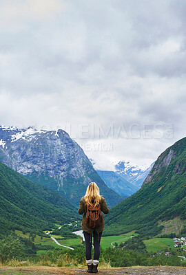 Buy stock photo Travel adventure woman enjoying view of majestic glacial valley on exploration discover beautiful earth