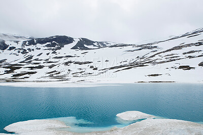 Buy stock photo Majestic beautiful landscape glacial lake and ice snow mountain blue white