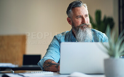 Buy stock photo Business man, thinking and computer work in a office doing internet, web and digital research. Accounting, finance and data strategy of a senior IT expert working on planning financial analytics