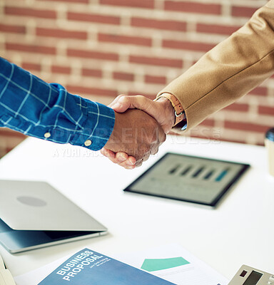 Buy stock photo business people shaking hands in office meeting after successful partnership deal for startup company