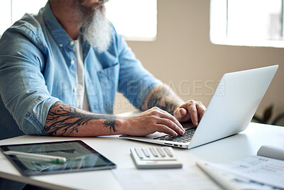 Buy stock photo Businessman, tattoo and digital marketing laptop with startup company finance, budget or office paper data. Ceo hands, leadership or thinking manager working on technology with brand growth documents