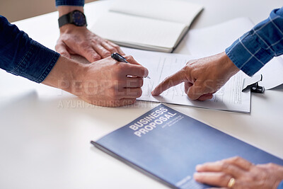 Buy stock photo business people hands signing contract document for corporate partnership deal