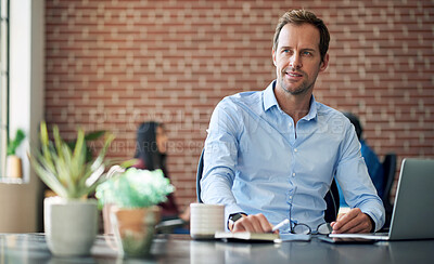 Buy stock photo Motivation, thinking and business man working on a laptop in a corporate office, inspired by an idea for a startup. Vision, mission and leader looking inspired while planning a strategy and plan 