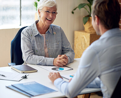 Buy stock photo happy old woman meeting with financial consultant discussing retirement plan