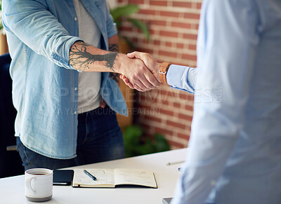 Buy stock photo business people shaking hands in office meeting after successful partnership deal for startup company