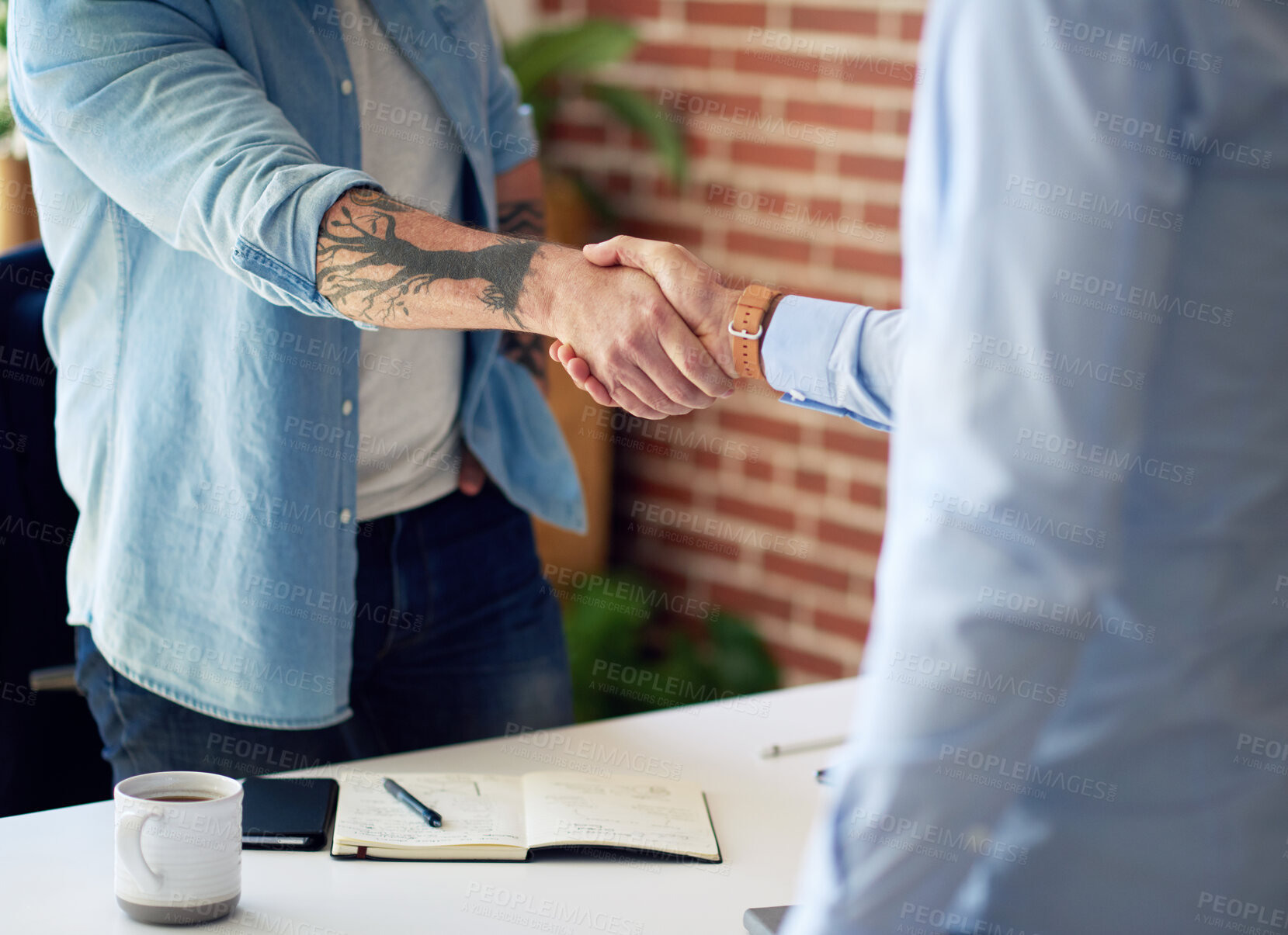 Buy stock photo business people shaking hands in office meeting after successful partnership deal for startup company