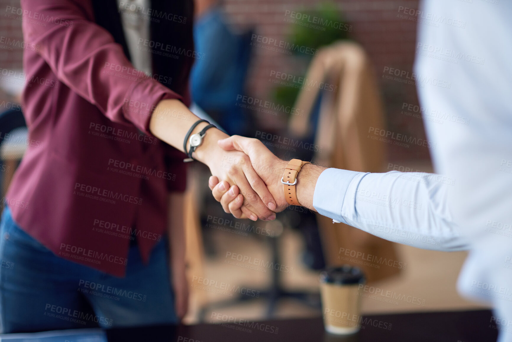 Buy stock photo business people shaking hands in office meeting after successful partnership deal for startup company