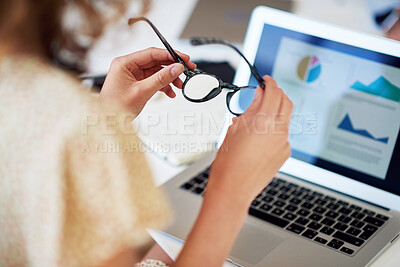 Buy stock photo business woman hands holding glasses with laptop computer showing financial data on screen