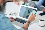 businessman using smartphone working on laptop computer with financial graph data on screen