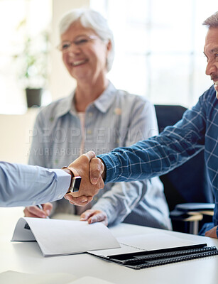 Buy stock photo business people shaking hands in office meeting after successful partnership deal for startup company