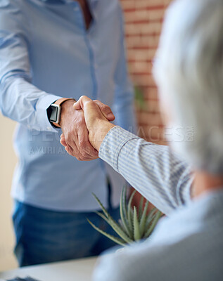 Buy stock photo business people shaking hands in office meeting after successful partnership deal for startup company