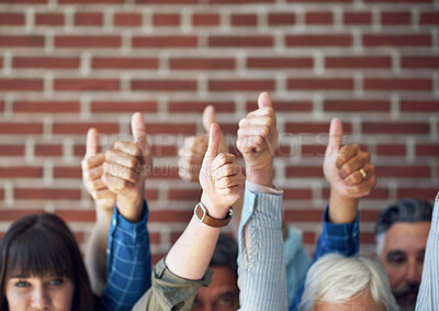 Buy stock photo happy group of people thumbs up celebrating success together smiling showing support positive recommendation gesture