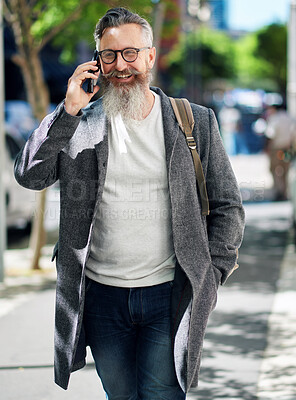 Buy stock photo stylish businessman using smartphone having phone call walking in city street