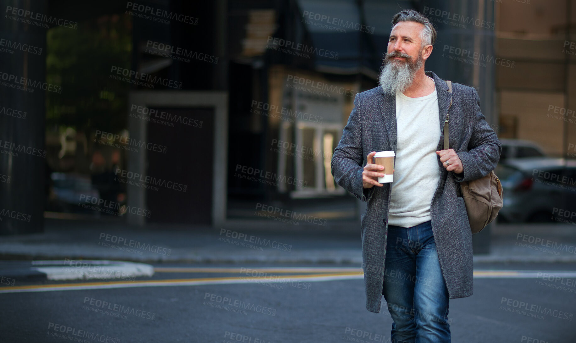 Buy stock photo confident mature businessman man walking in city street holding coffee enjoying urban lifestyle