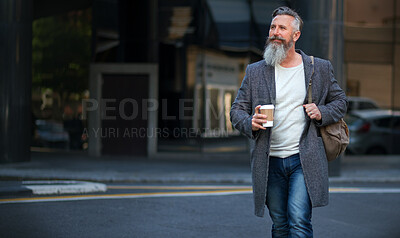 Buy stock photo confident mature businessman man walking in city street holding coffee enjoying urban lifestyle