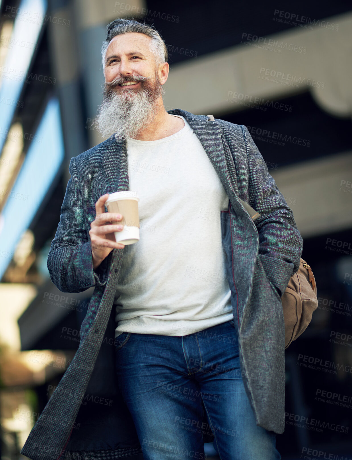 Buy stock photo confident mature businessman man walking in city street holding coffee enjoying urban lifestyle