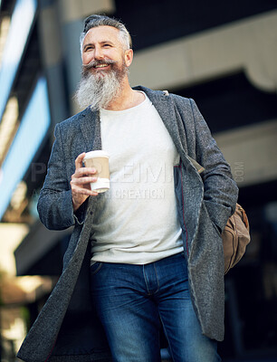 Buy stock photo confident mature businessman man walking in city street holding coffee enjoying urban lifestyle