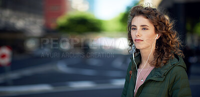 Buy stock photo beautiful woman walking in city street listening to music wearing earphones urban lifestyle