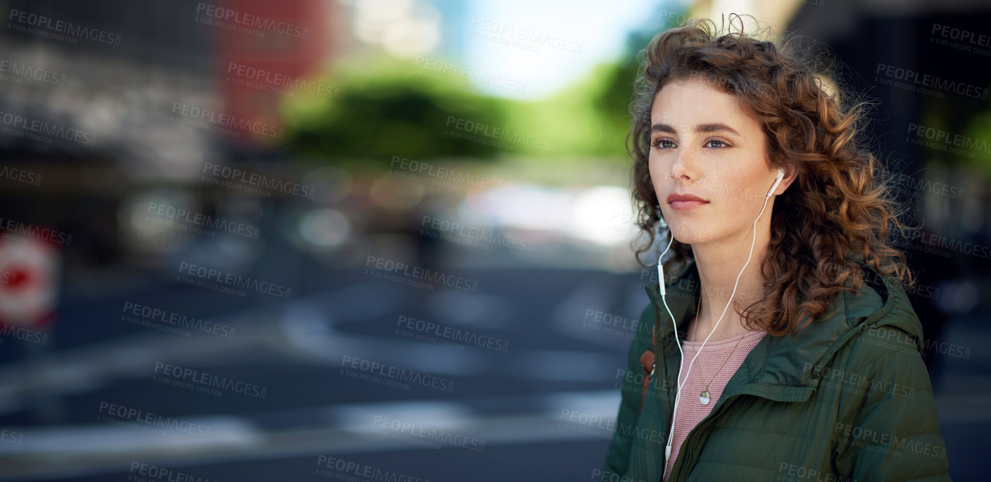 Buy stock photo beautiful woman walking in city street listening to music wearing earphones urban lifestyle