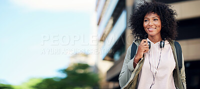 Buy stock photo portrait african american woman smiling happy in city street wearing headphones