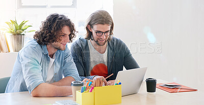 Buy stock photo College students working together two young men brainstorming ideas for project sitting at desk using laptop computer in class