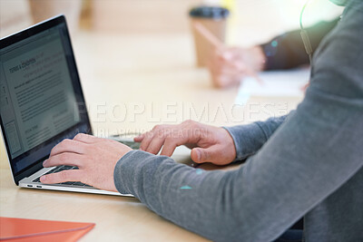 Buy stock photo Hands, laptop and businessman with digital contract for sales company, marketing startup or employee interview. Zoom, communication technology and internet form for legal management of creative brand