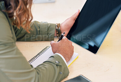 Buy stock photo Hands of businessman with digital tablet and notebook for planning company project, report and proposal. Entrepreneur, manager and employee writing in book for target, goal and strategy at an agency