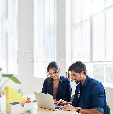 Buy stock photo Two business people using laptop computer colleagues working in office sharing ideas